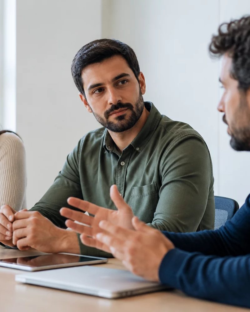 Microfone deitado sobre a mesa, com a roda de participantes fora de foco ao fundo
